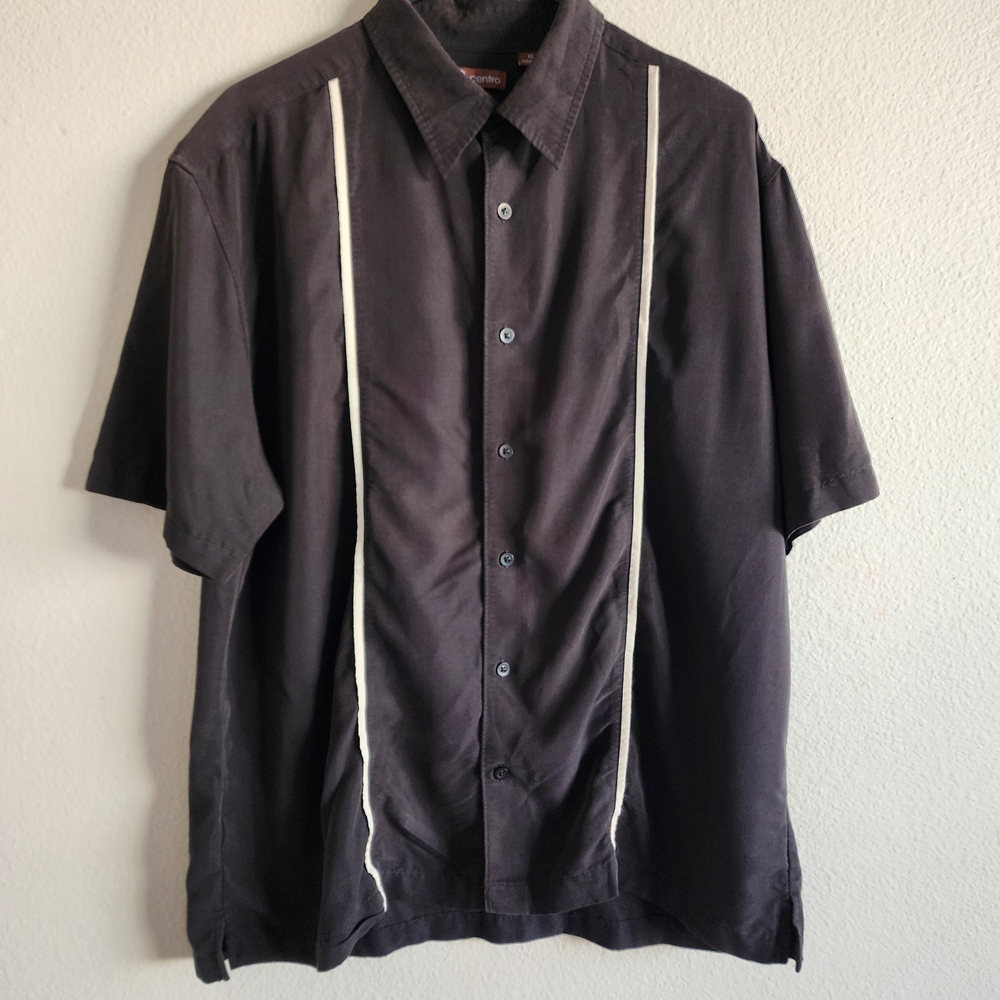 Centro Men's XL Brown/Black Striped Rayon Blend Cuban Camp Shirt